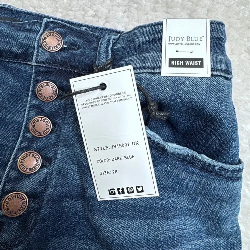 Judy Blue High Waist Cuff Shorts Dark Blue Wash Stretch Womens 28 NEW